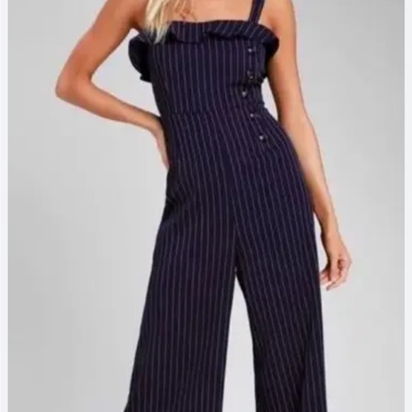 Essue Navy Pinstripe Wide Leg Jumpsuit | Button Detail | Size M - Picture 3 of 7